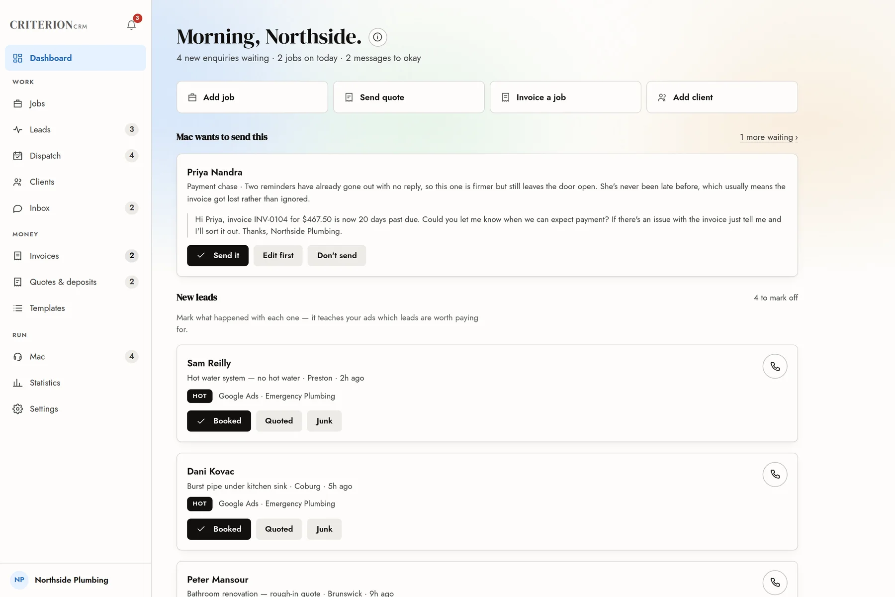 The Criterion CRM dashboard on a computer: new enquiries, jobs on today and a message from Mac waiting for approval