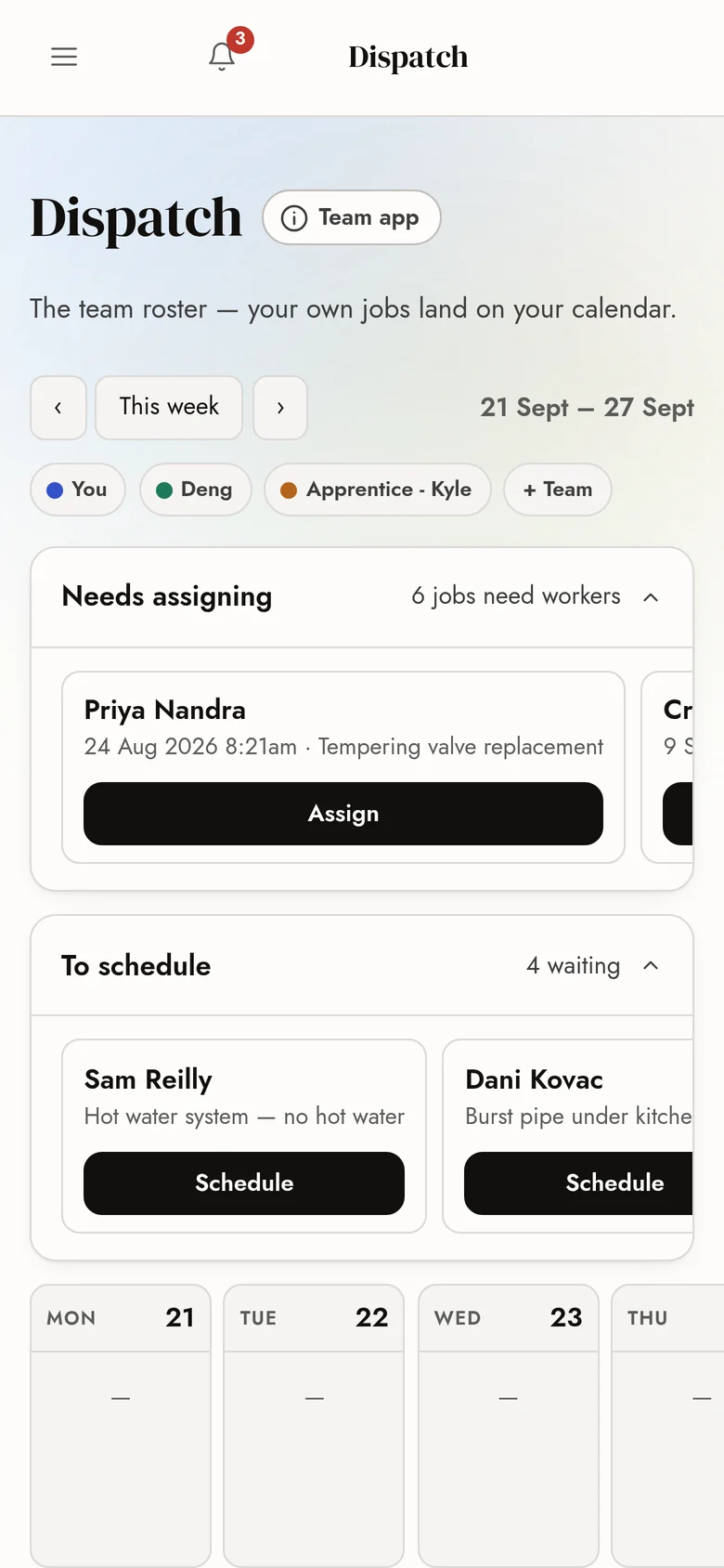 The dispatch board in the Criterion CRM, with jobs that need a worker and jobs to schedule