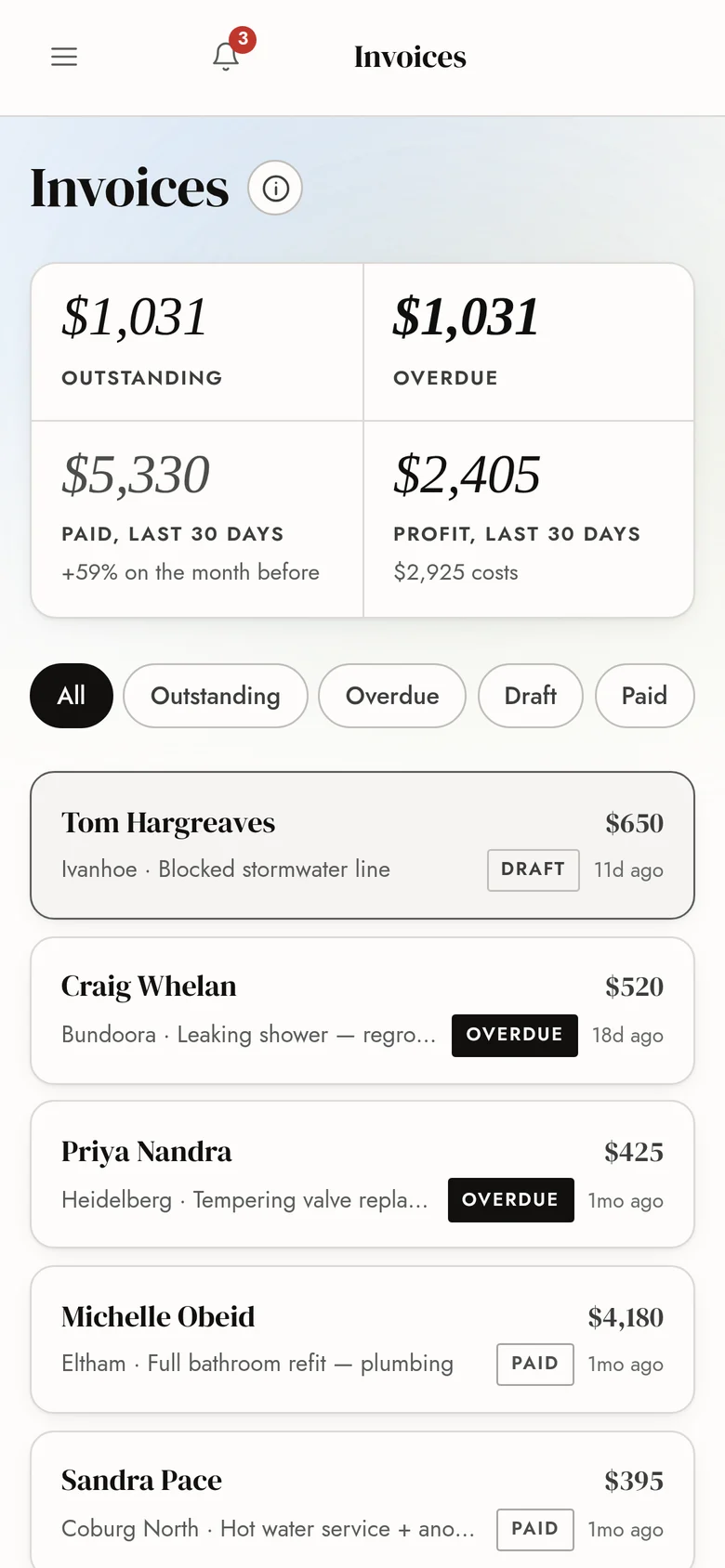 The invoices screen in the Criterion CRM showing outstanding, overdue and paid totals