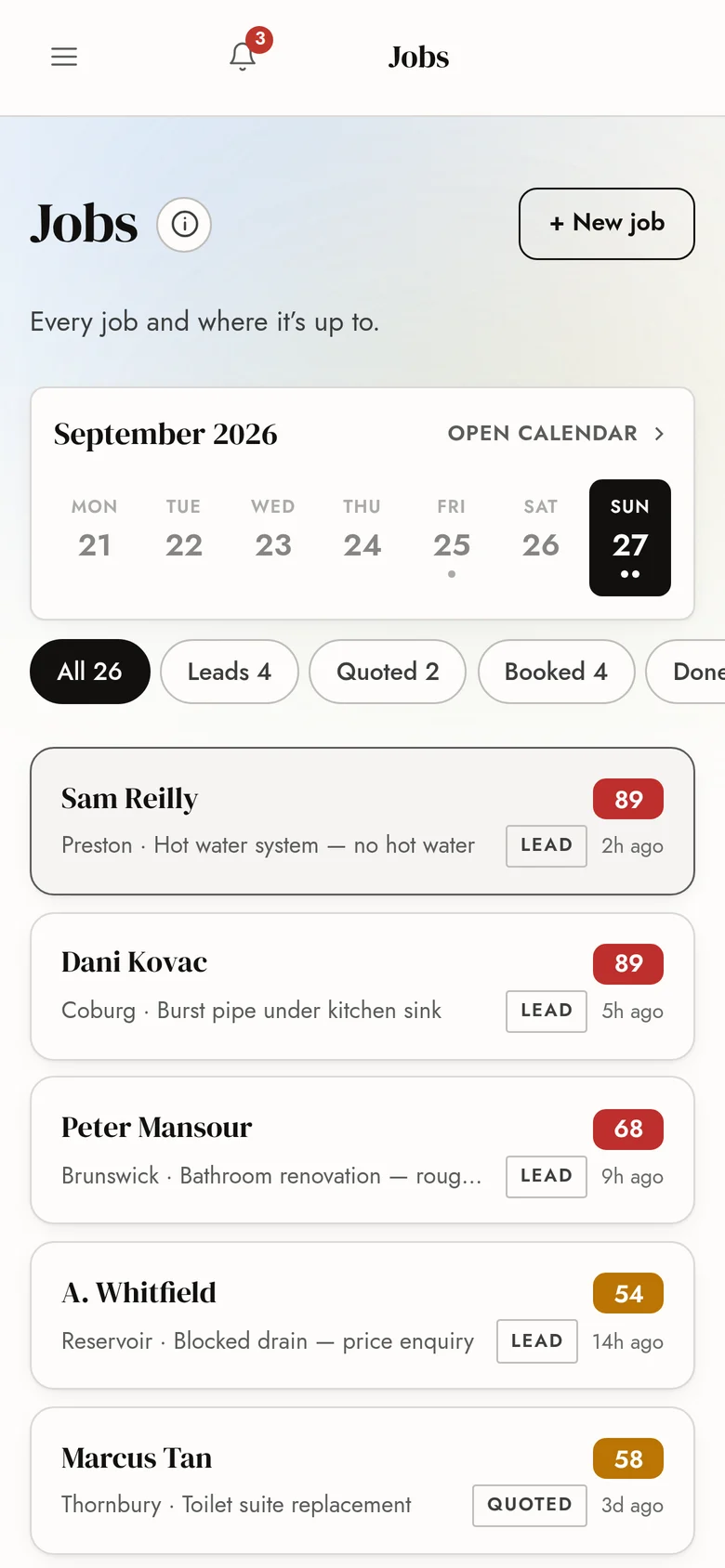 The jobs screen in the Criterion CRM with a calendar strip and each job's stage
