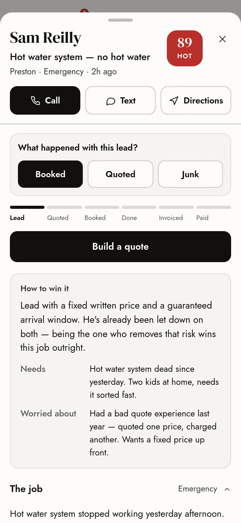 A lead opened on a phone, scored 89 out of 100, with call, text and directions buttons