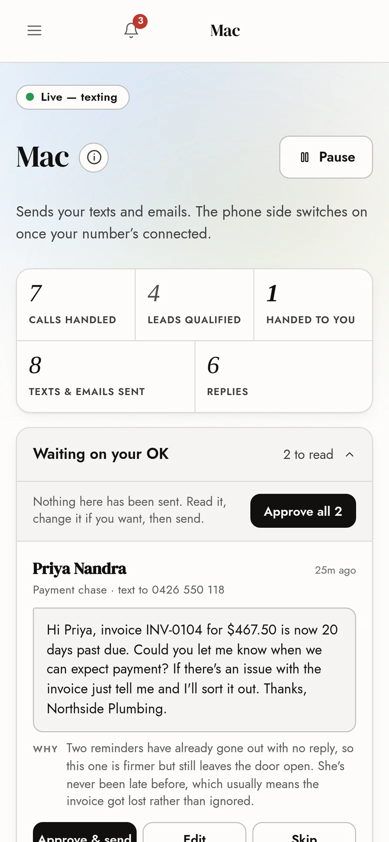 The Mac screen in the Criterion CRM, showing calls handled and messages waiting for approval